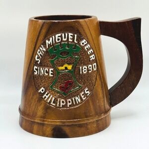 Vintage San Miguel Beer‎ Philippines Hand Carved Wooden Mug Stein 1890 Barware